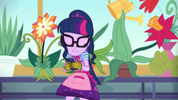 Size: 1920x1080 | Tagged: safe, screencap, sci-twi, twilight sparkle, better together, equestria girls, my little shop of horrors, animation error, apron, celestia's house, clothes, eyes closed, flower, glasses, iphone, plant, ponytail, potted plant, room to grow, skirt, solo, watering can