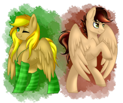 Size: 3400x2850 | Tagged: safe, artist:blocksy-art, oc, oc only, oc:lightning chaser, oc:lightning storm, oc:thunder dash, pegasus, pony, clothes, female, high res, male, mare, one eye closed, rule 63, socks, stallion, striped socks, wink