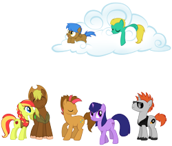 Size: 5771x4909 | Tagged: safe, artist:petraea, oc, oc only, oc:altair, oc:berner, oc:florina, oc:glamour, oc:mighty, oc:otto, oc:sparky, earth pony, pegasus, pony, unicorn, absurd resolution, braid, cloud, colored hooves, cowboy hat, cutie mark, female, filly, foal, hat, hooves, lying on a cloud, male, mare, on a cloud, simple background, stallion, sunglasses, transparent background, vector, wings