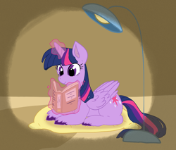 Size: 940x800 | Tagged: safe, artist:peachmonsters, twilight sparkle, twilight sparkle (alicorn), alicorn, book, glowing horn, lamp, magic, pillow, prone, reading, solo, telekinesis, unshorn fetlocks