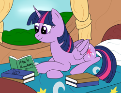 Size: 2600x2000 | Tagged: safe, artist:cloudy95, twilight sparkle, twilight sparkle (alicorn), alicorn, pony, bed, book, golden oaks library, high res, prone, reading, solo