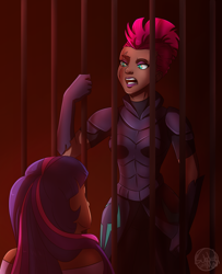 Size: 1280x1576 | Tagged: safe, artist:subduedmoon, tempest shadow, twilight sparkle, human, my little pony: the movie, armor, cage, clothes, duo, eye scar, female, gloves, humanized, lipstick, makeup, open up your eyes, scar