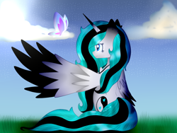 Size: 1024x768 | Tagged: safe, artist:anasflow, oc, oc only, oc:sweet lovin, alicorn, butterfly, pony, female, mare, sitting, solo