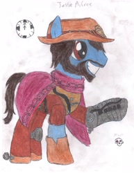 Size: 2550x3300 | Tagged: safe, artist:aridne, earth pony, pony, it's high noon, jesse mccree, overwatch, ponified, raised hoof, solo, traditional art