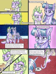 Size: 3000x4000 | Tagged: safe, artist:tillie-tmb, spike, twilight sparkle, twilight sparkle (alicorn), alicorn, dragon, pony, comic:the amulet of shades, comic, high res, older, scroll, traditional art