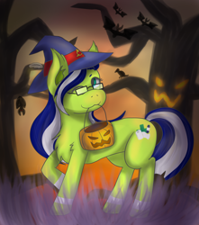 Size: 1500x1700 | Tagged: safe, artist:amaimono, oc, oc only, oc:miles bright, bat, bird, female, glasses, halloween, hat, holiday, jack-o-lantern, mouth hold, one eye closed, pumpkin, pumpkin bucket, solo, tree, wink, witch hat