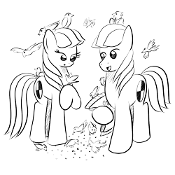 Size: 1000x1000 | Tagged: safe, artist:truffle shine, oc, oc only, oc:cordyceps sparkle, oc:truffle shine, bird, earth pony, pony, bird seed, duo, female, lineart, male, mare, monochrome, rule 63, sack, simple background, sketch, stallion, transparent background, truffle shine's sketch series