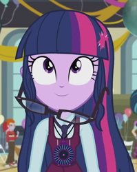 Size: 548x687 | Tagged: safe, edit, edited screencap, screencap, heath burns, sci-twi, twilight sparkle, equestria girls, friendship games, clothes, crystal prep academy uniform, cute, inverted mouth, loose hair, school uniform, smiling, twiabetes, wide eyes