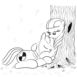Size: 1000x1000 | Tagged: safe, artist:truffle shine, oc, oc only, oc:cordyceps sparkle, oc:truffle shine, earth pony, pony, autumn, duo, female, lineart, lying down, male, mare, monochrome, rule 63, simple background, sketch, sleeping, stallion, transparent background, tree, tree trunk, truffle shine's sketch series