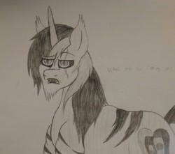 Size: 2378x2102 | Tagged: safe, artist:teardrop, oc, oc only, oc:issac, pony, unicorn, double tongue, male, monochrome, open mouth, solo, stallion, stripes, traditional art