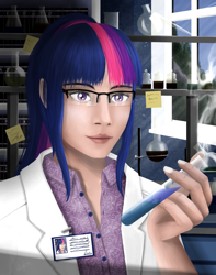 Size: 1589x2020 | Tagged: safe, artist:dezdark, twilight sparkle, human, clothes, humanized, lab coat, solo, test tube