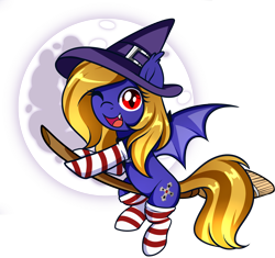 Size: 1394x1308 | Tagged: safe, artist:xwhitedreamsx, oc, oc only, oc:butter cream, bat pony, bat pony oc, bat wings, broom, clothes, commission, cute, female, flying, flying broomstick, happy halloween, hat, looking at you, mare, moon, one eye closed, simple background, socks, striped socks, transparent background, wink, witch hat, ych result