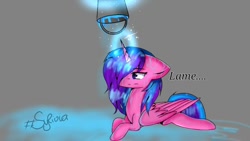 Size: 960x540 | Tagged: safe, artist:winter-shadow7, oc, oc only, oc:melody aurora, alicorn, alicorn oc, bucket, floppy ears, ice bucket challenge, lying down, offspring, pail, parent:flash sentry, parent:twilight sparkle, parents:flashlight, puddle, signature, unamused, wet, wet mane