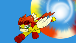 Size: 1024x576 | Tagged: safe, artist:usagi-zakura, pony, dc comics, kid flash, ponified, solo, sonic rainboom, wally west