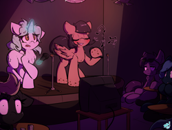 Size: 1500x1133 | Tagged: safe, artist:bbsartboutique, oc, oc only, oc:morning melody, oc:pepper spice, pegasus, pony, unicorn, blushing, comedy, digital art, drunk, eyes closed, female, freckles, glowing horn, karaoke, male, mare, music notes, signature, singing, spotlight, stallion, unamused, weird face