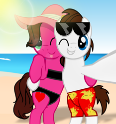 Size: 1024x1098 | Tagged: safe, artist:aarondrawsarts, oc, oc only, oc:brain teaser, oc:rose bloom, pony, bikini, bipedal, brainbloom, clothes, selfie, silly, silly face, silly pony, summer, swimsuit