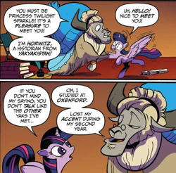 Size: 614x605 | Tagged: safe, artist:andypriceart, idw, horwitz, twilight sparkle, twilight sparkle (alicorn), alicorn, pony, yak, spoiler:comic, spoiler:comic61, comic, cropped, duo, female, glasses, hoofshake, male, mare, official comic, orange background, simple background, speech bubble