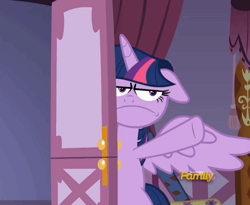 Size: 544x445 | Tagged: safe, screencap, twilight sparkle, twilight sparkle (alicorn), alicorn, pony, fame and misfortune, angry, discovery family logo, door, faic, flattened, floppy ears, frown, grumpy, looking at you, solo, unamused
