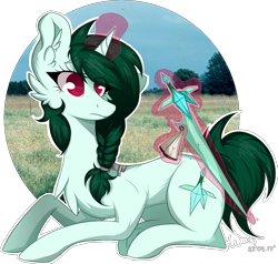 Size: 1111x1057 | Tagged: safe, artist:mackenzei-stock, artist:woonborg, oc, oc only, oc:jadeite nephrite, pony, unicorn, braid, chest fluff, cloth, ear fluff, female, field, floppy ears, frown, glowing horn, grass, grass field, irl, levitation, magic, mare, photo, ponies in real life, prone, sky, solo, sword, telekinesis, tree, weapon