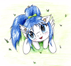 Size: 4188x3879 | Tagged: safe, artist:40kponyguy, derpibooru exclusive, oc, oc only, oc:clarise, pegasus, pony, blushing, cute, ear fluff, floppy ears, head tilt, looking at you, looking up, ponytail, solo, traditional art