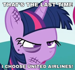 Size: 320x300 | Tagged: safe, edit, edited screencap, screencap, twilight sparkle, pony, unicorn, caption, female, image macro, mare, meme, united airlines