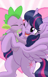 Size: 1200x1920 | Tagged: safe, artist:theroyalprincesses, spike, twilight sparkle, twilight sparkle (alicorn), alicorn, dragon, pony, baby, baby dragon, cute, cutie mark, female, heart, heart background, kiss on the cheek, kissing, male, mama twilight, mare, one eye closed, open mouth, platonic kiss, smiling, spikabetes, spikelove, twiabetes