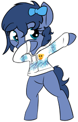 Size: 1073x1671 | Tagged: safe, artist:wenni, derpibooru exclusive, oc, oc only, oc:whinny, earth pony, pony, 2018 community collab, bipedal, bow, clothes, dab, derpibooru community collaboration, emoji, female, hair bow, hoodie, mare, simple background, solo, solo jazz, thinking emoji, transparent background