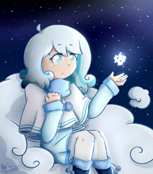 Size: 1983x2267 | Tagged: safe, artist:aniluap-mcmelody, oc, oc only, oc:snowdrop, human, blind, clothes, cloud, coat, female, humanized, humanized oc, night, snow, snowfall, solo