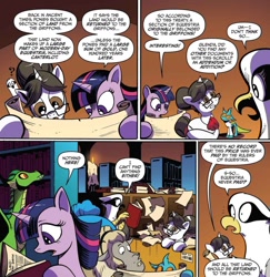 Size: 1138x1170 | Tagged: safe, artist:andypriceart, idw, blacktip, glenda, horwitz, raven, twilight sparkle, twilight sparkle (alicorn), urtica, alicorn, changedling, changeling, dragon, griffon, pony, yak, spoiler:comic, spoiler:comic61, comic, cropped, female, mare, official comic, orange background, simple background, speech bubble