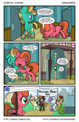 Size: 1280x1978 | Tagged: safe, artist:wadusher0, oc, oc only, oc:marigold, oc:pun, oc:spring step, earth pony, pegasus, pony, comic:hospital hijinks, banner, comic, female, hospital, hug, male, mare, stallion