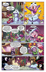 Size: 956x1472 | Tagged: safe, artist:brendahickey, idw, apple bloom, applejack, pinkie pie, princess ember, spike, twilight sparkle, twilight sparkle (alicorn), alicorn, dragon, earth pony, pony, spoiler:comic, spoiler:comicholiday2017, preview, snowman