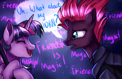 Size: 2500x1633 | Tagged: dead source, safe, artist:not-ordinary-pony, tempest shadow, twilight sparkle, twilight sparkle (alicorn), alicorn, pony, unicorn, my little pony: the movie, broken horn, dialogue, eyes closed, female, mare, night, open mouth, smiling, speech bubble, stars