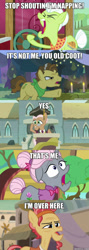 Size: 600x1685 | Tagged: safe, edited screencap, screencap, cactus fruit, grand pear, granny smith, earth pony, pony, daring done?, rock solid friendship, shadow play, the perfect pear, where the apple lies, background pony, comic, elderly, facial hair, female, goatee, image macro, male, mare, meme, mermaid man and barnacle boy, old gardener, rusty tenure, screencap comic, somnambula resident, spongebob squarepants, stallion