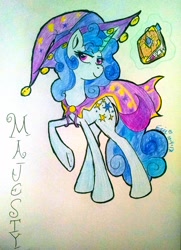 Size: 2432x3356 | Tagged: safe, artist:erenerakhard, derpibooru exclusive, oc, oc only, oc:majesty, unicorn, book, cape, clothes, female, hat, journal, mare, solo, traditional art, wizard hat