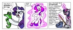 Size: 974x402 | Tagged: safe, artist:gingerfoxy, gummy, rarity, twilight sparkle, twilight sparkle (alicorn), alicorn, pony, unicorn, pony comic generator, bucket, comic, magic, mop, telekinesis