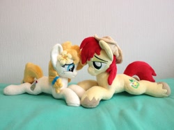 Size: 960x720 | Tagged: safe, artist:burgunzik, bright mac, pear butter, pony, the perfect pear, brightbutter, female, irl, male, photo, plushie, prone, shipping, straight