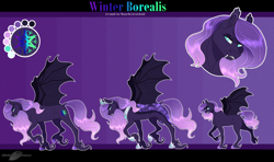 Size: 1680x997 | Tagged: safe, artist:bijutsuyoukai, oc, oc only, oc:winter borealis, bat pony, female, magical lesbian spawn, mare, offspring, parent:princess luna, parent:tempest shadow, parents:tempestluna, reference sheet, solo, unshorn fetlocks