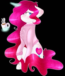 Size: 1257x1466 | Tagged: safe, artist:doux-ameri, oc, oc only, oc:button love, pony, unicorn, black background, clothes, coffee, female, magic, mare, simple background, sitting, solo, sweater