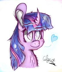 Size: 668x777 | Tagged: safe, artist:colgreat, twilight sparkle, bust, chest fluff, curved horn, fluffy, heart, portrait, simple background, solo