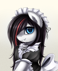 Size: 1446x1764 | Tagged: safe, artist:pridark, oc, oc only, oc:whisper quill, earth pony, pony, bust, clothes, commission, cute, female, hair over one eye, maid, mare, portrait, solo