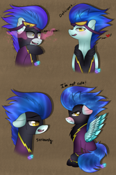 Size: 1024x1536 | Tagged: dead source, safe, artist:northlights8, nightshade, oc, oc only, oc:nightshade, pegasus, pony, clothes, costume, female, i'm not cute, mare, shadowbolts costume, solo, tongue out, tsundere