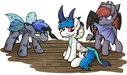 Size: 3328x1985 | Tagged: safe, artist:moemneop, oc, oc only, oc:kami, oc:lukida, oc:prince rigel, bat pony, pegasus, pony, changeling costume, clothes, costume, dragon costume, female, lukami, male, mare, nightmare night costume, simple background, stallion, transparent background