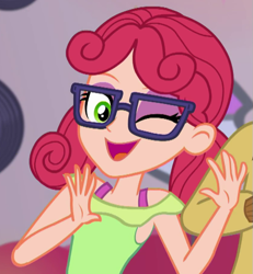 Size: 561x606 | Tagged: safe, screencap, alizarin bubblegum, coinky-dink world, eqg summertime shorts, equestria girls, background human, cropped, one eye closed, wink