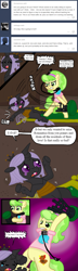 Size: 640x2234 | Tagged: safe, artist:ficficponyfic, chickadee, ms. peachbottom, oc, changeling, changeling oc, collar, cyoa, cyoa:peachbottom's quest, jezzie belle, leash, purple changeling, tumblr