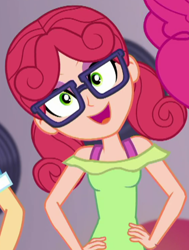 Size: 374x496 | Tagged: safe, screencap, alizarin bubblegum, coinky-dink world, eqg summertime shorts, equestria girls, background human, cropped, female, glasses, smiling