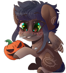 Size: 351x392 | Tagged: safe, artist:skimea, oc, oc only, oc:kama, pegasus, pony, chibi, female, halloween, holiday, jack-o-lantern, knife, mare, mouth hold, pixel art, pumpkin, simple background, sitting, solo, transparent background