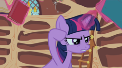 Size: 1280x720 | Tagged: safe, screencap, twilight sparkle, pony, unicorn, secret of my excess, golden oaks library, levitation, magic, solo, telekinesis