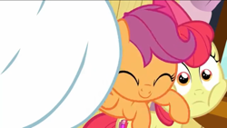 Size: 1136x640 | Tagged: safe, screencap, apple bloom, bulk biceps, scootaloo, on your marks, squished, squishy cheeks