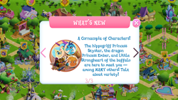 Size: 1136x640 | Tagged: safe, caramel, little strongheart, princess ember, princess skystar, scootaloo, thunderlane, classical hippogriff, dragon, hippogriff, pony, my little pony: the movie, gameloft, text