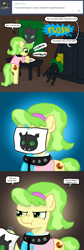 Size: 640x1900 | Tagged: safe, artist:ficficponyfic, chickadee, ms. peachbottom, oc, pony, collar, cyoa, cyoa:peachbottom's quest, disguise, leash, tumblr